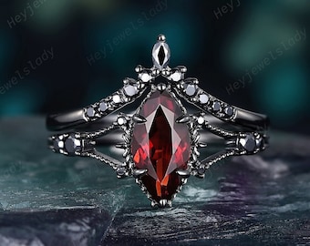 Black Gold Marquise Garnet Engagement Ring Set, Unique Rhodium Black Promise Ring Set, Gothic Bridal Set Black Wedding Ring Anniversary Gift