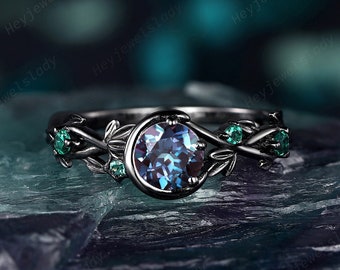 Black Gold Round Shape Alexandrite Engagement Ring, Moon and Star, Rhodium Black Leaf Emerald Promise Ring, Vintage Black Vine Wedding Ring