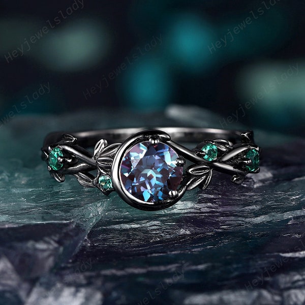 Black Gold Round Shape Alexandrite Engagement Ring, Moon and Star, Rhodium Black Leaf Emerald Promise Ring, Vintage Black Vine Wedding Ring