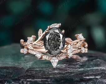 Oval Shape Natural Salt and Pepper Diamond Engagement Ring Set, Nature Inspire Rose Gold Promise Ring, Twig Leaf Black Diamond Wedding Ring