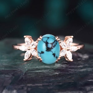 Vintage Oval Natural Turquoise and Marquise Diamond Engagement Ring Unique Rose Gold Blue Turquoise Cluster Promise Wedding Ring Bridal Ring