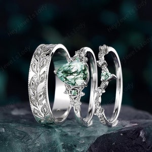 Platinum Pear Moss Agate His and Hers Couple Rings White Gold Twig Leaf Floral Wedding Bands Nature Inspired Men Women Engagement Ring Set