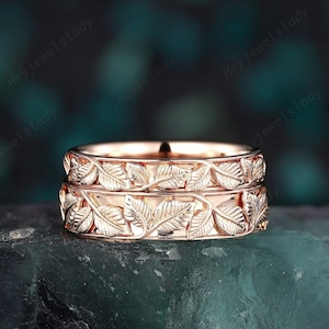 Nature Inspired His and Hers Leaf Wedding Set, Full Eternity Rose Gold Engagement Matching Band Couple Set Promise Ring for Men and Women