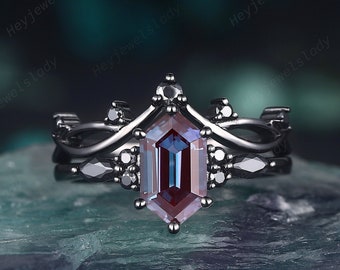 Vintage Hexagon Alexandrite Engagement Ring, Rhodium Black Finish Alexandrite Wedding Set, Gothic Black Gold Bridal Set Promise Ring