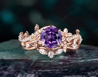 Conjunto de anillos de compromiso floral de amatista de forma redonda inspirado en la naturaleza, anillo de promesa de hoja de oro rosa, conjunto nupcial de rama de ramita, anillo de bodas de vid