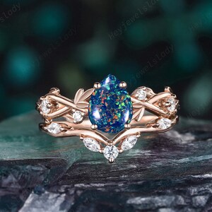 Nature Inspired Pear Cut Black Opal Engagement Ring Set, Unique Rose Gold Leaf Promise Ring , Twig Branch Bridal Set, Vine Wedding Ring Gift