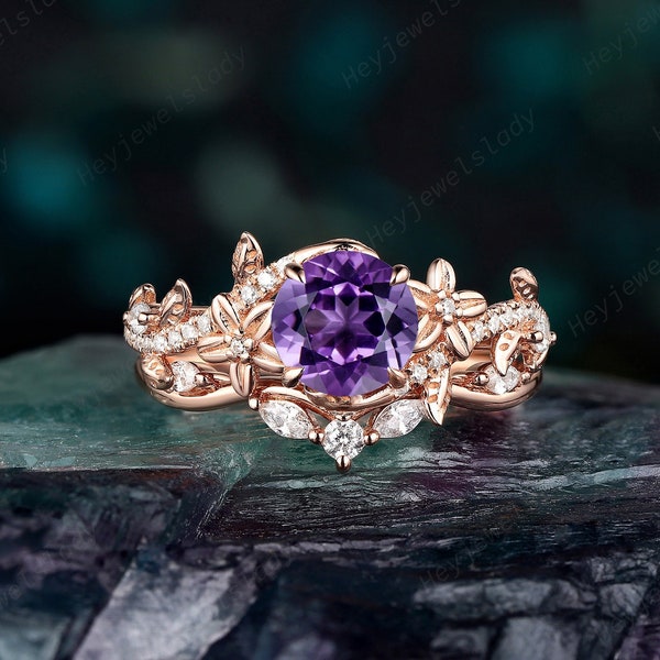 Nature Inspired Round Shape Amethyst Floral Engagement Ring Set, Rose Gold Leaf Promise Ring , Twig Branch Bridal Set, Vine Wedding Ring