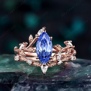 Nature Inspired Marquise Shape Blue Sapphire Engagement Ring Set, Rose Gold Twig Leaf Promise Ring, Vintage Vine Anniversary Ring for Women