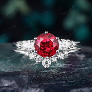 Vintage Round Shape Ruby Engagement Ring Set, Unique 14K White Gold Ruby Promise Ring , July Birthstone Bridal Set Wedding Ring Gift for her