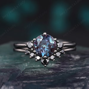 Vintage Black Gold Finish Round Cut Alexandrite Engagement Ring Set, Rhodium Black Moissanite Wedding Set, Dark Bridal Set Promise Ring