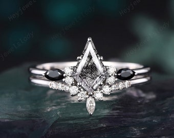Unique Kite Cut Black Rutilated Quartz Engagement Ring Set, 14k White Gold Black Onyx Promise Ring , Vintage Wedding Ring Bridal Set Gift