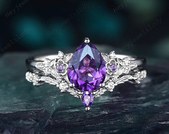 Platin Birnenform Amethyst Blumen Verlobungsring Set, einzigartige 14K Weißgold Versprechen Ring Set, Amethyst Braut Set, Amethyst Ehering