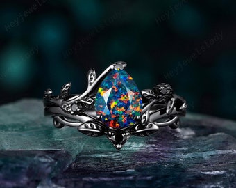 Black Gold Facet Pear Shape Black Opal Engagement Ring Set, Rhodium Black Twig Branch Wedding Ring, Gothic Leaf Bridal Set Vine Promise Ring