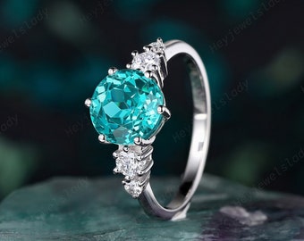 Platinum 3 CT Round Shape Neon Blue Paraiba Tourmaline Engagement Ring, 14K White Gold Promise Ring, Greenish Blue Tourmaline Wedding Ring