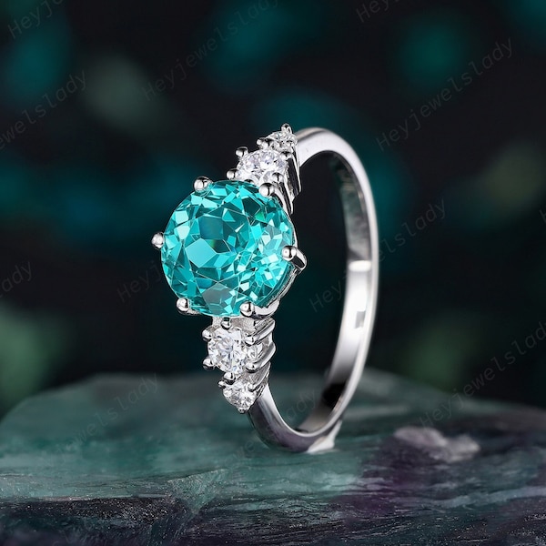 Platinum 3 CT Round Shape Neon Blue Paraiba Tourmaline Engagement Ring, 14K White Gold Promise Ring, Greenish Blue Tourmaline Wedding Ring