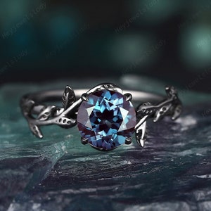 Vintage Black Gold Round Alexandrite Leaf Engagement Ring , Rhodium Black Alexandrite Solitaire Wedding Ring Black Promise Ring Gothic Ring