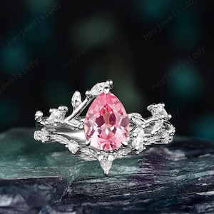 Platinum Nature Inspired Pear Shape Padparadscha Pink Sapphire Engagement Ring Set, White Gold Twig Leaf Promise Wedding Ring Gift for Women