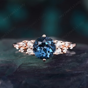 Unique Round London Blue Topaz Cluster Engagement Ring, Vintage Rose Gold Snowdrift Promise Ring, Wedding Anniversary Ring Gift for women