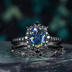Black Gold Oval Black Opal Engagement Ring Set, Unique Rhodium Black Halo Promise Ring Gothic Bridal Set Black Wedding Ring Anniversary Gift