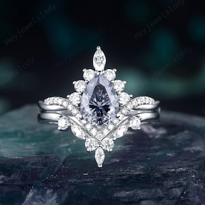 Vintage Pear Gray Moissanite Engagement Ring Set, Unique White Gold Halo Grey Moissanite Wedding Ring, Bridal Set Promise Anniversary Ring
