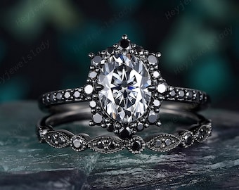 Unique Black Gold Oval Gray Moissanite Engagement Ring Set, Vintage Grey Moissanite Black Diamond Halo Wedding Set, Promise Ring Bridal Set