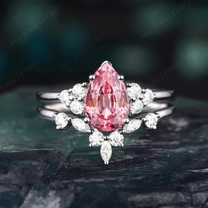Platinum Pear Shape Pink Sapphire and Diamond Engagement Ring Set, Vintage 14k White Gold Padparadscha Sapphire Promise Wedding Ring Gift