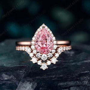 Platinum Pear Shape Pink Sapphire Engagement Ring Set, Unique 14K 18K Rose Gold Halo Wedding Ring, Promise Ring Anniversary Gift for Women