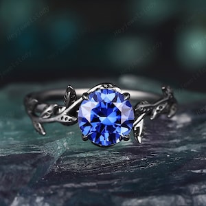 Vintage Black Gold Finish Round Cornflower Blue Sapphire Leaf Engagement Ring , Rhodium Black Wedding Ring, Black Promise Ring, Gothic Ring