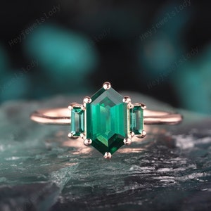 Unique Long Hexagon Emerald Ring, Art Deco Baguette Emerald Wedding Ring , 14K Rose Gold Three Stone Green Emerald Engagement Promise Ring