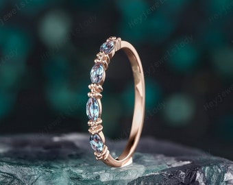 Four Stone Marquise Alexandrite trouwring, rechte verlovingsring, Alexandrite Promise Ring Enhancer, bijpassende band, geboortesteen juni