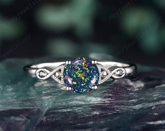 Vintage Black Opal Engagement Ring, Unique Mixed Fire Opal Wedding Promise Ring, 14K White Gold Infinity Anniversary Ring Gift for Women