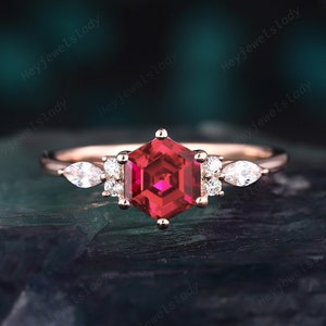 Vintage Hexagon Ruby Engagement Ring, Unique Geometric Red Ruby and Moissanite Wedding Ring, 14K Rose Gold Promise Anniversary Ring for her