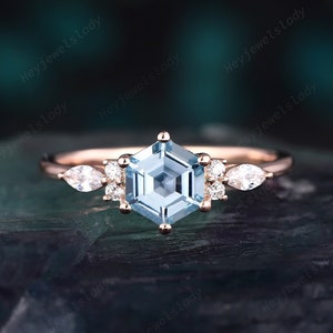 Vintage Hexagon Aquamarine Engagement Ring, Unique Geometric Aquamarine and Moissanite Wedding Ring, 14K Rose Gold Promise Anniversary Ring