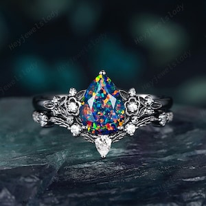 Black Gold Facet Pear Shape Black Opal Engagement Ring Set, Rhodium Black Flower Wedding Ring, Gothic Leaf Floral Bridal Set Promise Ring