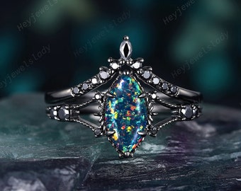 Black Gold Marquise Black Opal Engagement Ring Set, Unique Rhodium