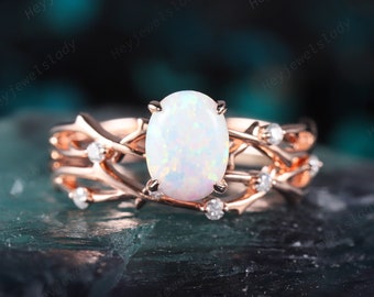 Unique Twig Branch White Fire Opal Bridal Set, 14K Rose Gold Silver Oval Cut Opal Wedding Set Vintage White Opal Promise Engagement Ring Set