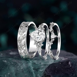 Conjunto de pareja con hoja de moissanita en platino para él y para ella, alianza de boda en oro blanco, anillo de promesa y alianza de plata de ley para hombre.