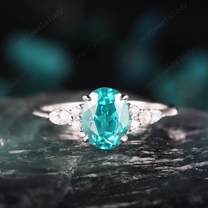 Vintage 2 CT Neon Blue Paraiba Tourmaline Engagement Ring, Oval Cut White Gold Tourmaline Wedding Ring Greenish Blue Tourmaline Promise Ring