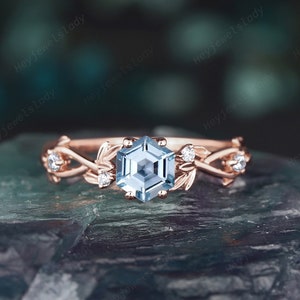 Vintage Hexagon Aquamarine Engagement Ring, Unique Leaf Promise Ring,14K Rose Gold March Birthstone Wedding Ring, Dainty Twig Branch Ring