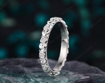 Platinum Floral Milgrain Wedding Band, White Gold Full Eternity Engagement Band, Silver Matching Band, Flower Promise Ring Gift for Women