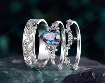 Platinum His and Hers Alexandrite Leaf Couple Set, White Gold Wedding Band, Silver Full Eternity Men&#39;s Matching Band Bridal Set Promise Ring