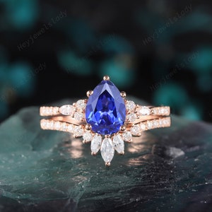 Pear Cornflower Blue Sapphire Engagement Ring Set, Rose Gold Blue Sapphire Wedding Promise Ring Set, Cluster Marquise Alexandrite Bridal Set