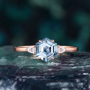 Dainty Hexagon Blue Aquamarine Engagement Ring, Unique Three Stone Promise Ring, Vintage 14K Rose Gold Natural Aquamarine Wedding Ring Gift