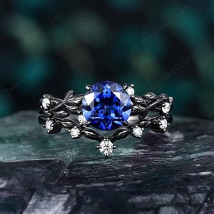 Gothic Black Leaf Round Shape Cornflower Blue Sapphire Engagement Ring , Unique Rhodium Black Promise Ring Black Wedding Ring Gift for her