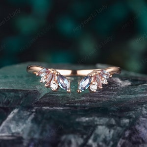 Unique Open Gap Alexandrite Cluster Engagement Band, 14K Rose Gold Wedding Band, Curved Matching Band, Promise Ring, Engagement ring Gift
