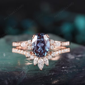 Vintage Oval Alexandrite Engagement Ring Set, Art Deco Rose Gold Alexandrite Wedding Promise Ring Set Cluster Marquise Moissanite Bridal Set