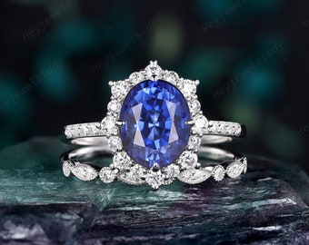 4CT platina ovale vorm natuurlijke Afrikaanse blauwe saffier Halo verlovingsring, witgoud saffier bloem belofte ring, bloemen trouwring
