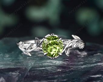 Natural Peridot Solitaire Engagement Ring, Unique Round Shape Twig Leaf Promise Ring, Vintage White Gold Anniversary Ring Gift for Women
