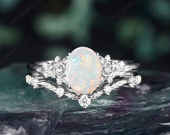 Oval Shape Natural Australian White Opal and Diamond Engagement Ring, 14K 18K White Gold Floral Wedding Set, Vintage Promise Ring Bridal Set