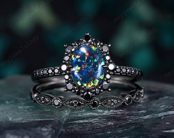 Black Gold Oval Black Opal Engagement Ring Set, Unique Rhodium Black Halo Promise Ring Gothic Bridal Set Black Wedding Ring Anniversary Gift